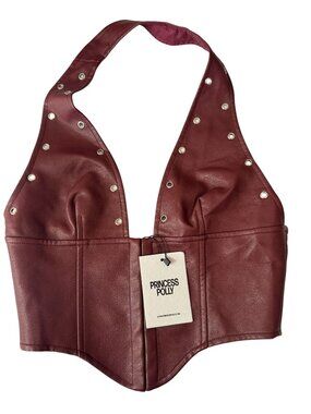 NEW Princess Polly Burgundy Faux Leather Halter Corset Top Silver Stud size 6